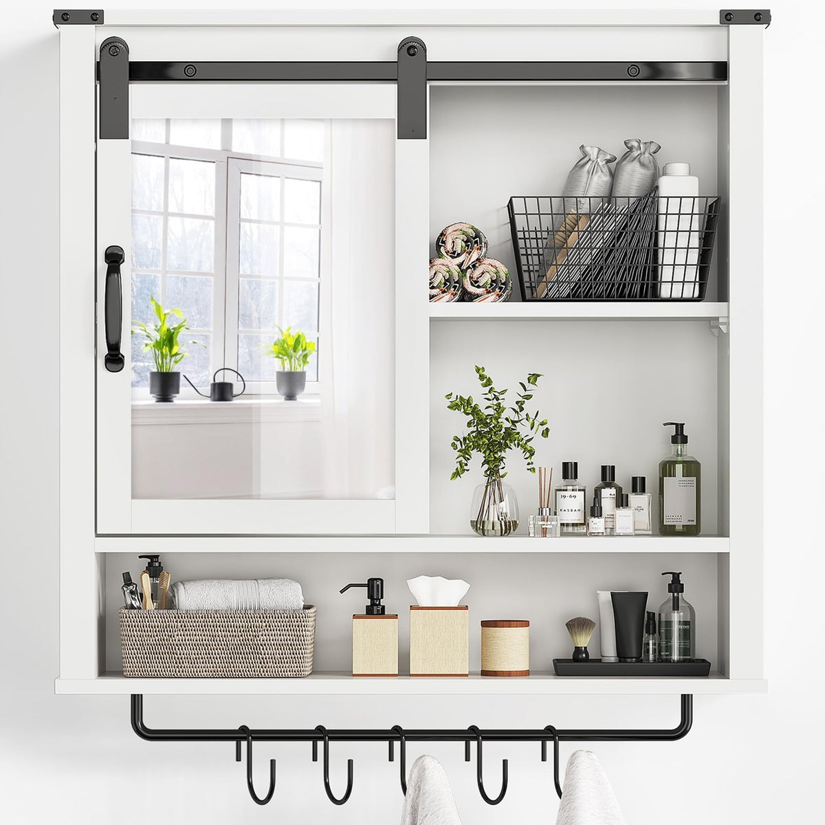 RoyalCraft 28in Bathroom Cabinet Wall Mount with Sliding Mirror Door, Over The Toilet Storage Cabinet, Farmhouse Medicine Cabinet with Shelves and Towel Bar for Living Room, 28" W x 29" H, White