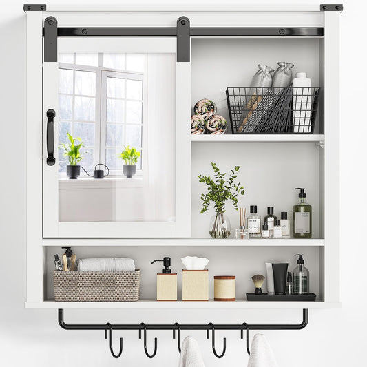 RoyalCraft 28in Bathroom Cabinet Wall Mount with Sliding Mirror Door, Over The Toilet Storage Cabinet, Farmhouse Medicine Cabinet with Shelves and Towel Bar for Living Room, 28" W x 29" H, White