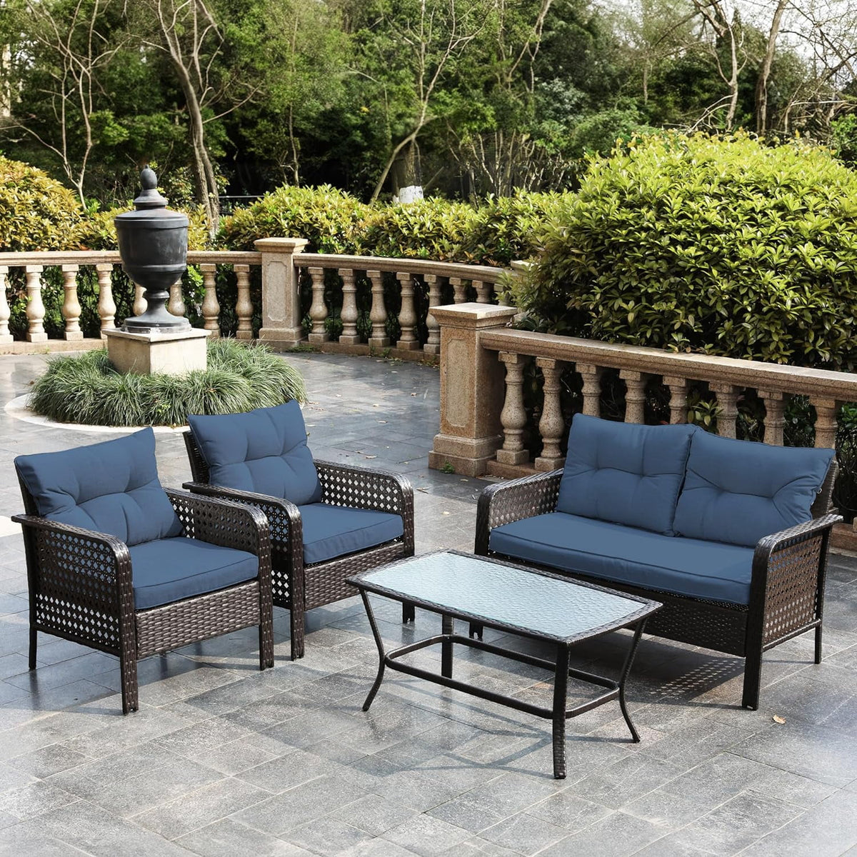 4 Pieces Patio Furniture Set, Outdoor Rattan Chair Wicker Conversation Sets with Cushions and Glass Coffee Table, for Porch Balcony Garden Backyard Deck, Brown and Khaki
