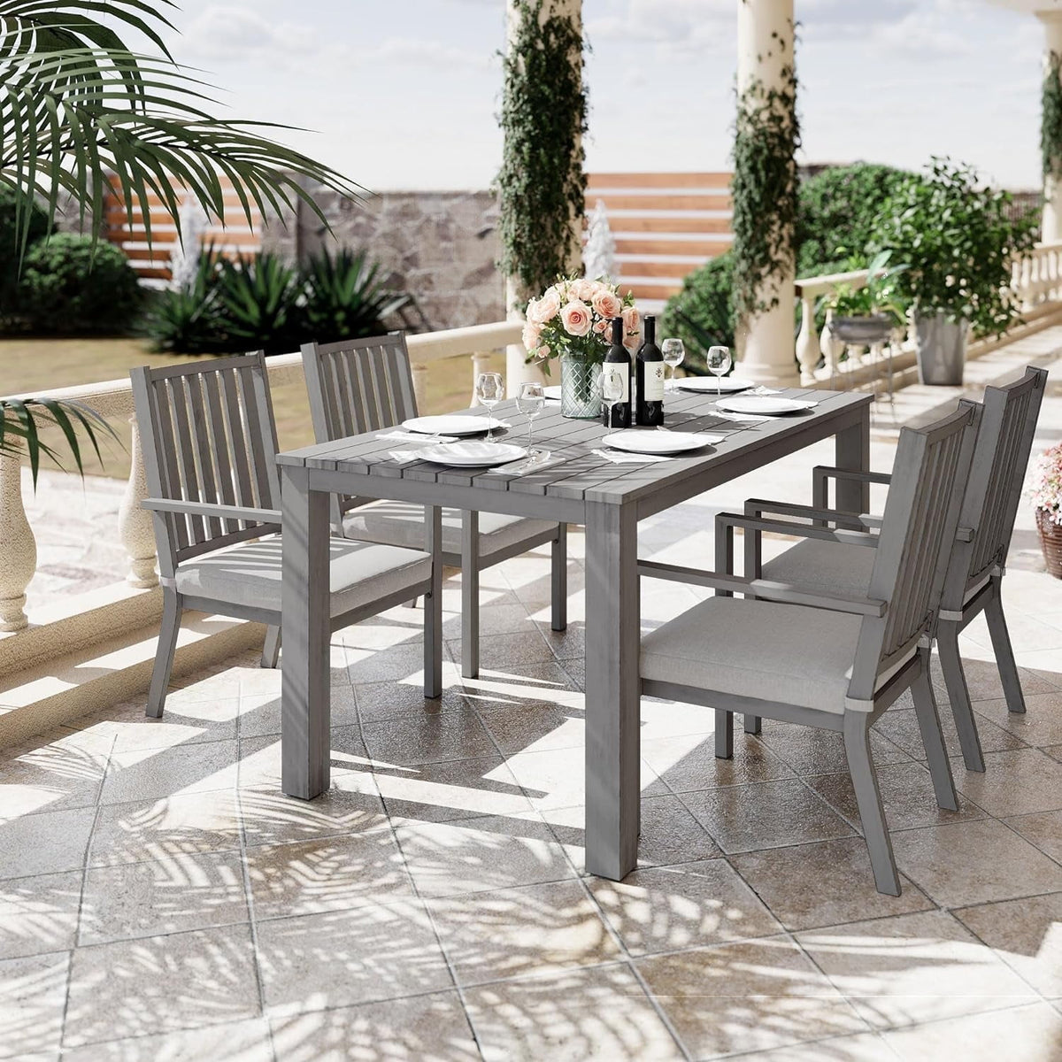 RoyalCraft 5 Pieces Patio Dining Sets, Aluminum Outdoor Dining Table with 4 Chairs, Outdoor Patio Dining Furniture Set with Removable Cushion for Lawn, Garden, Backyard, Brown