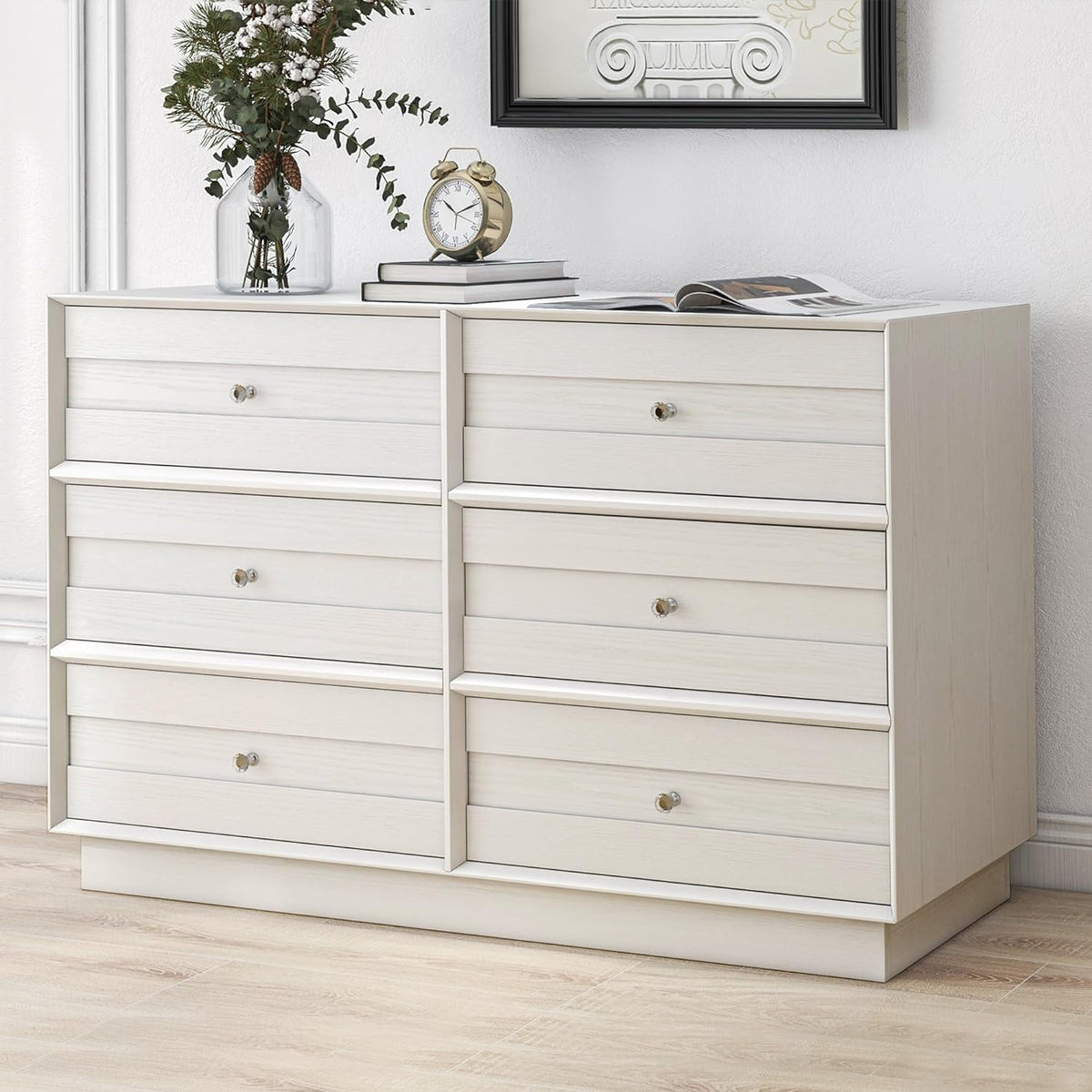 6 Drawer Dresser, Modern Closet Dressers Chest of Drawers with Crystal Knobs & Decorative Painted Strip