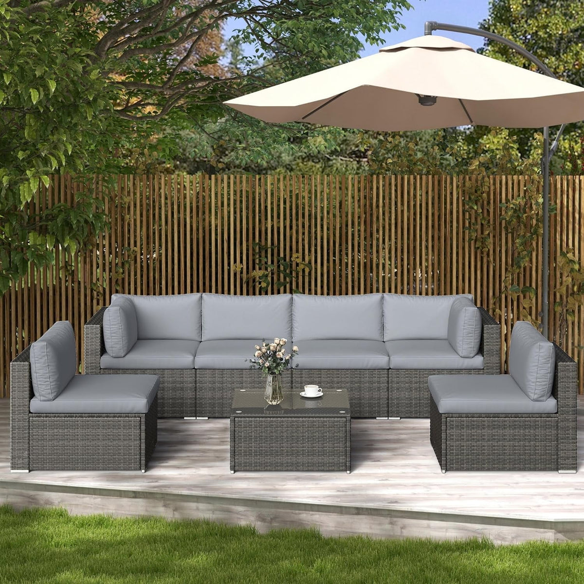 RoyalCraft 7-Piece Modular Patio Furniture Set, Wicker Outdoor Sectional Sofa with Cushions and Coffee Table, All Weather Patio Conversation Sets for Porch Balcony Backyard, Beige