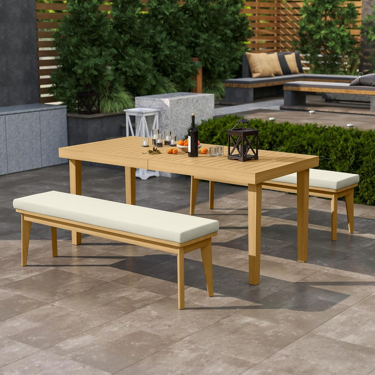 RoyalCraft Acacia 3 Pieces Patio Dining Set with Dining Table and Bench, All-Weather Wood Bench with Cushions, Modern Outdoor Dining Furniture Set for Lawn, Backyard, Garden, Deck, Beige