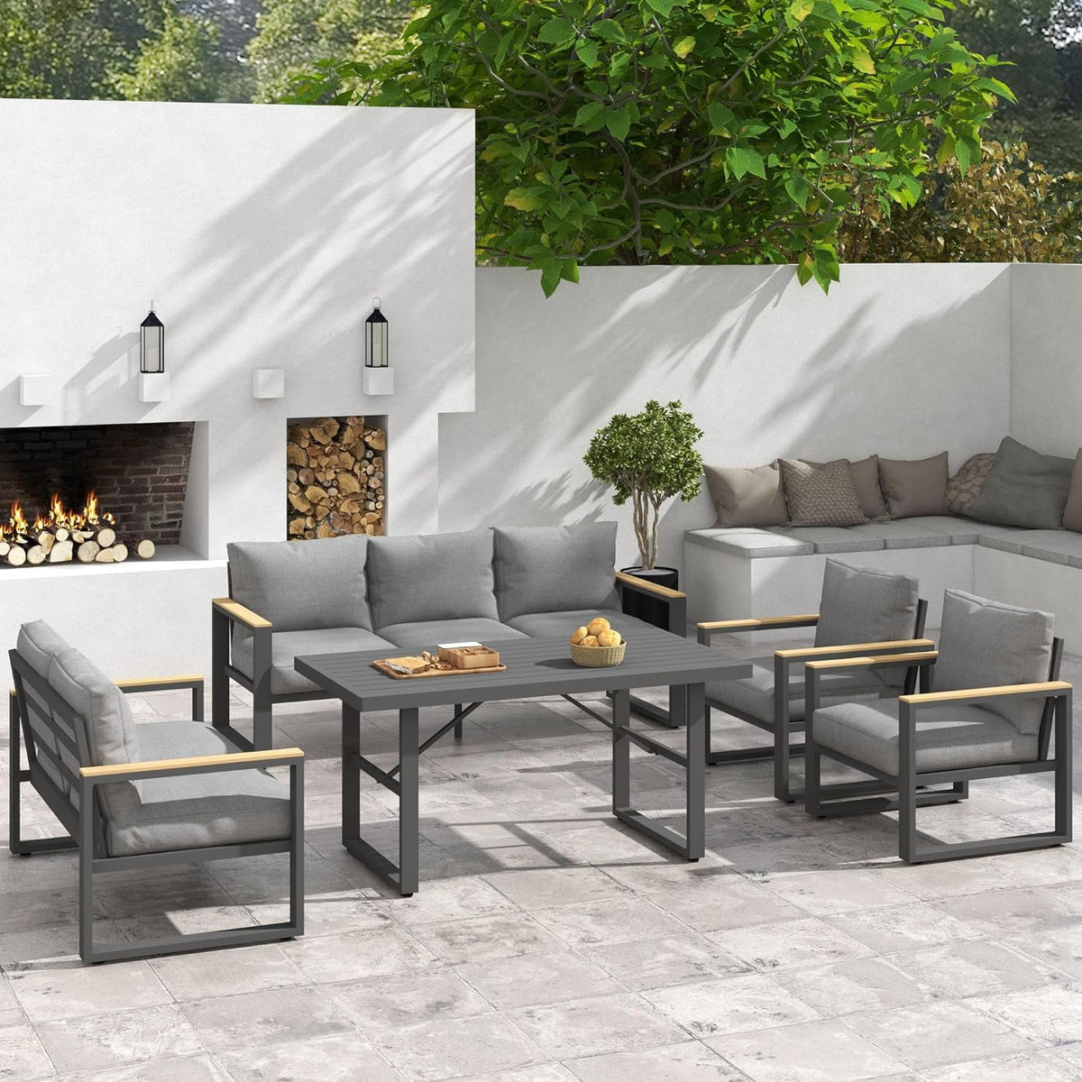 Royalcraft Aluminum Outdoor Coffee Table, All-Weather Metal Rectangular Patio Side Table with Tempered Glass Top, Patio Tables for Porch Backyard Garden, Grey