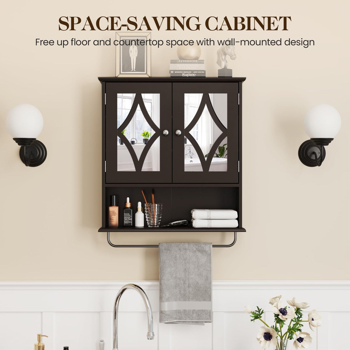 RoyalCraft Bathroom Medicine Cabinet with Mirror, Vanity Wall Mounted Storage Cabinet with Adjustable Shelves and Towel Bar, Hanging Wall Cabinet for Bathroom, Laundry, Living Room, Brown