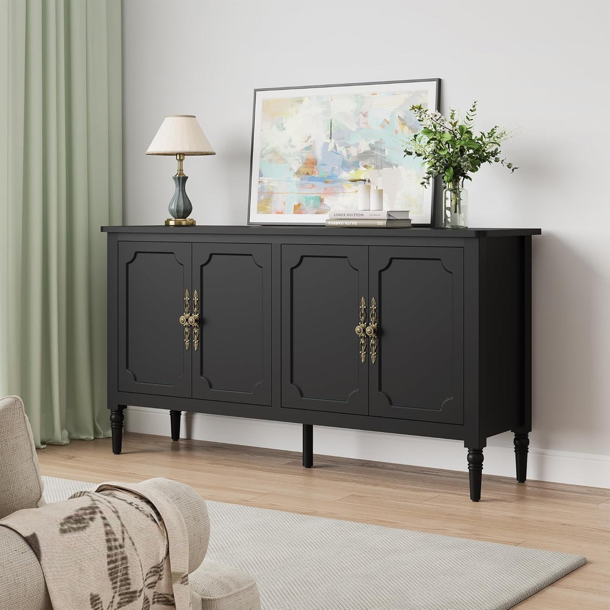 RoyalCraft Console Cabinet, 58'' Mid Century Modern Pantry Cabinet, Wood Buffet Cabinet, Media Cabinet with 4 Doors, Accent Cabinet for Entryway, Living Room, Bedroom, Dining Room