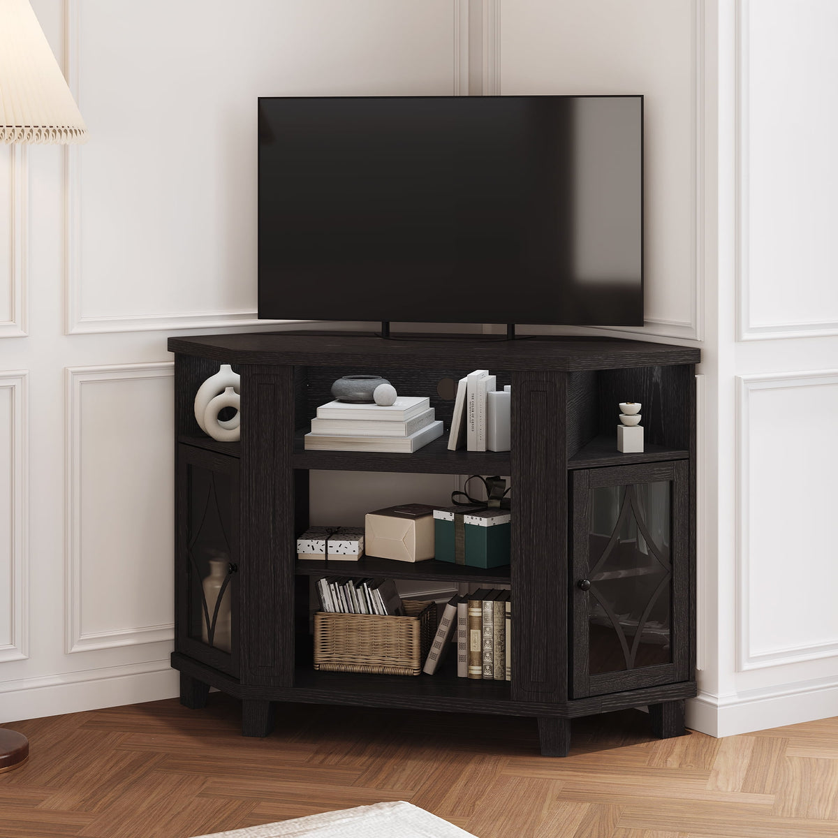 RoyalCraft Corner TV Stands for TVs up to 55'', Media Console Table with Adjustable Shelves, Acrylic Doors with Double-Diamond Design, Wood Modern Entertainment Center for Living Room Bedroom, Black