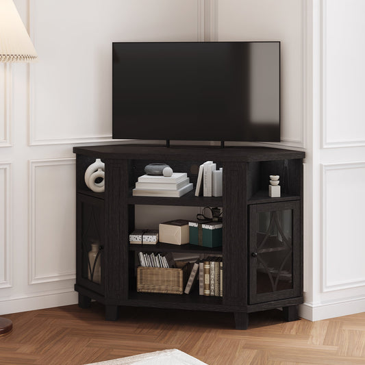 RoyalCraft Corner TV Stands for TVs up to 55'', Media Console Table with Adjustable Shelves, Acrylic Doors with Double-Diamond Design, Wood Modern Entertainment Center for Living Room Bedroom, Black