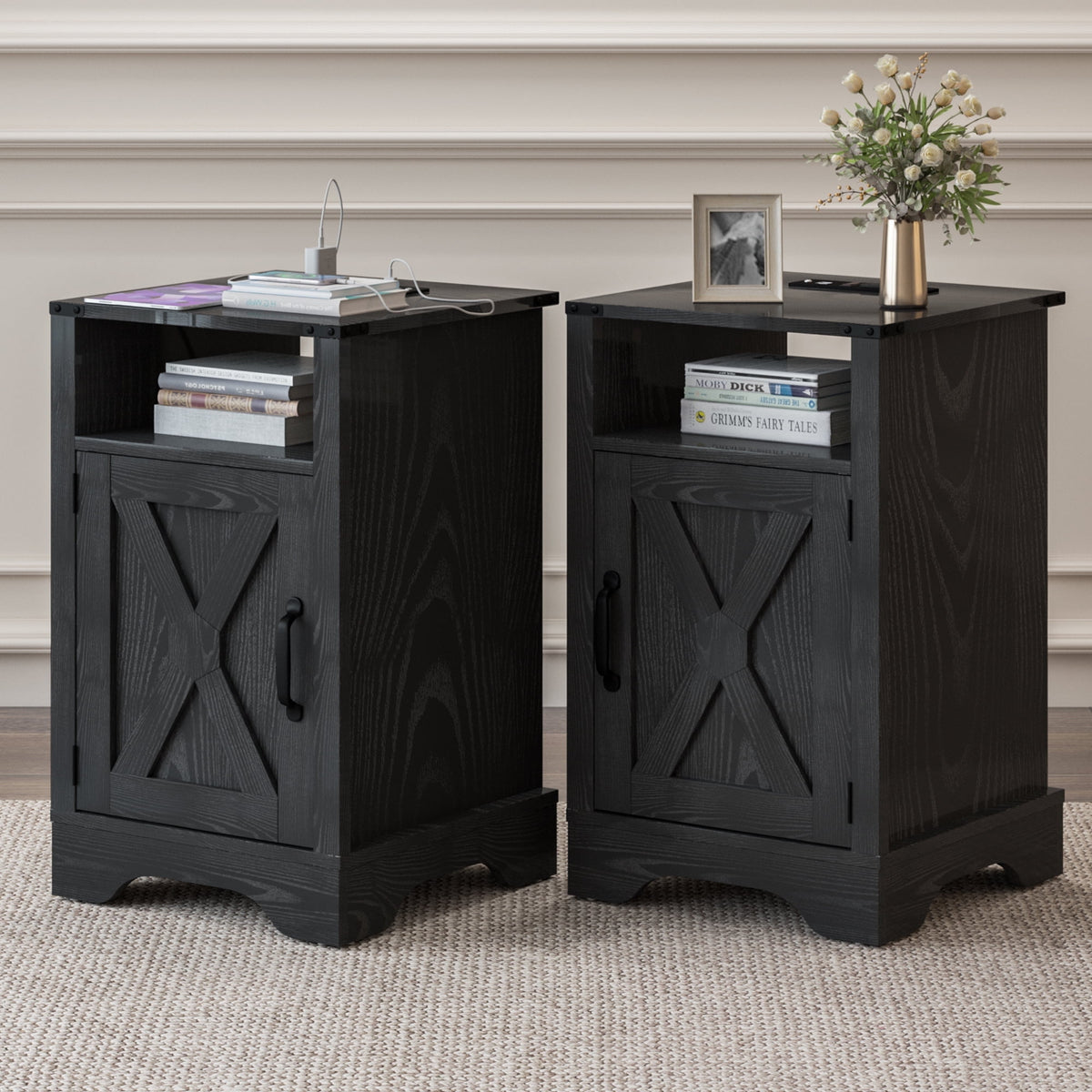 Mayincolor Farmhouse Nightstand Set of 2 with Charging Station, Wooden End Table, Rustic Night Stand with Storage Cabinet and Shelf, Tall Bedside Table for Bedroom, Living Room, Black