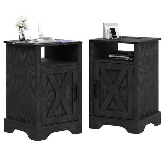 RoyalCraft Farmhouse Nightstand Set of 2 with Charging Station, Wooden End Table, Rustic Night Stand with Storage Cabinet and Shelf, Tall Bedside Table for Bedroom, Living Room, Black
