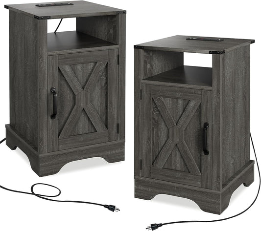 RoyalCraft Farmhouse Nightstand Set of 2 , Tall Bedside Table with Charging Station, Wooden Rustic End Table with Large Storage Cabinets Room and Shelf for Bedroom, Living Room, Dark Grey