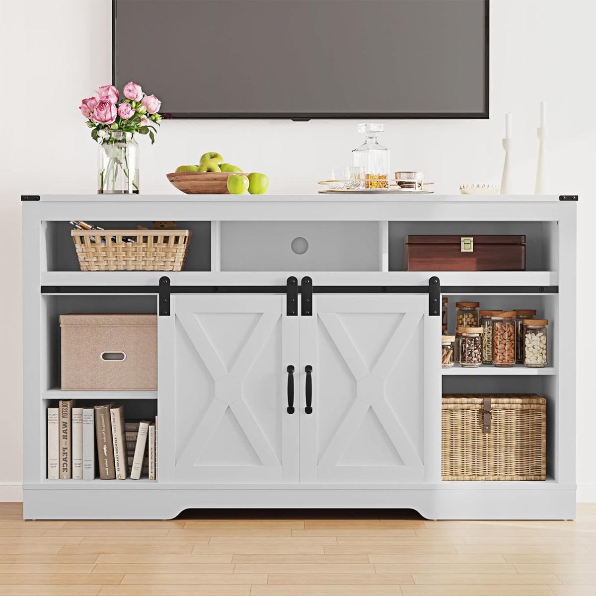 RoyalCraft Farmhouse Fireplace TV Stand for 65+ Inch TV, Entertainment Center with 23" Electric Fireplace with Remote, Modern Rustic TV Console with Sliding Bar Door for Living Room