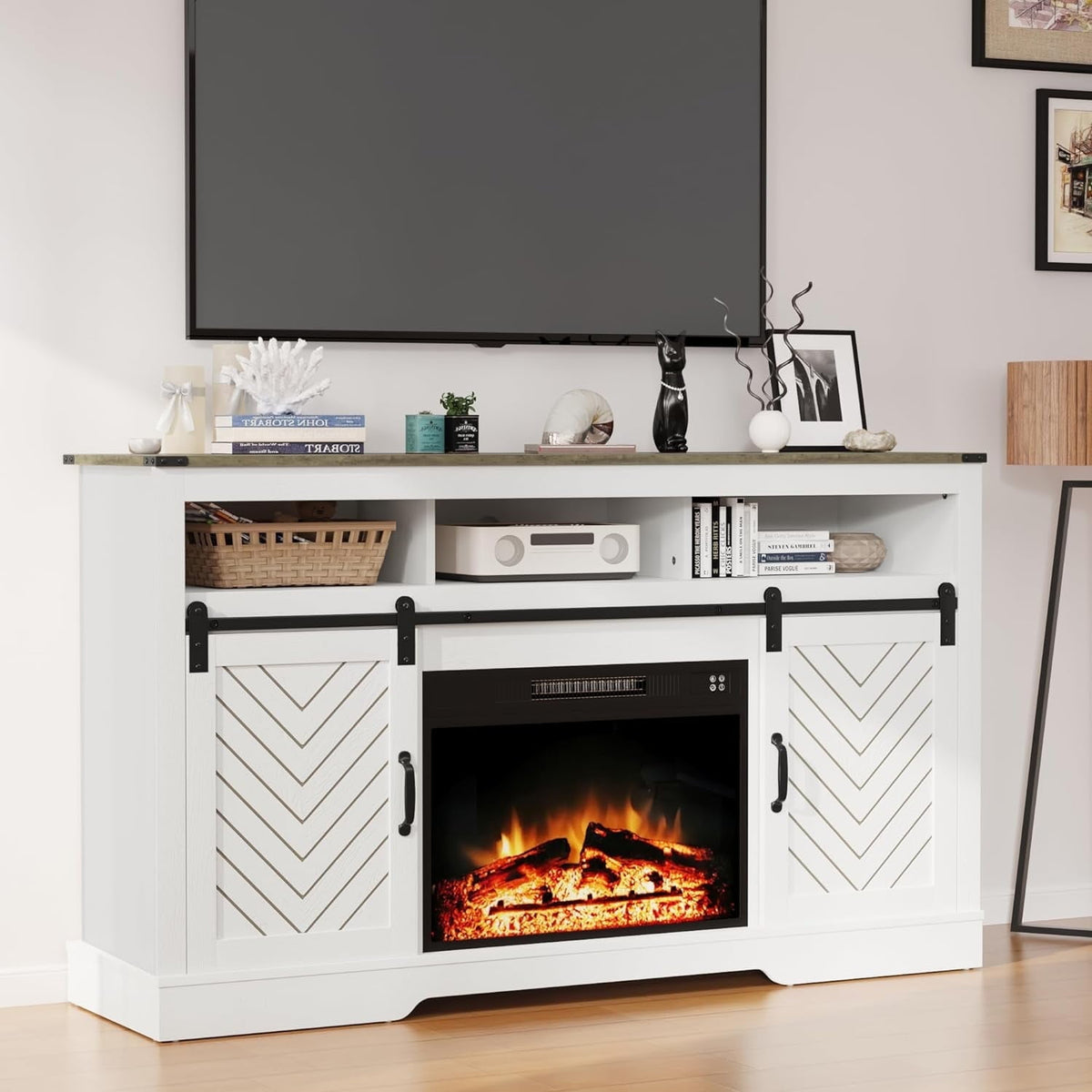 RoyalCraft Fireplace TV Stand for 65+ inch, Farmhouse Entertainment Center with 23" Electric Fireplace with Remote, Modern Rustic TV Console Storage Cabinet with Sliding Bar Door