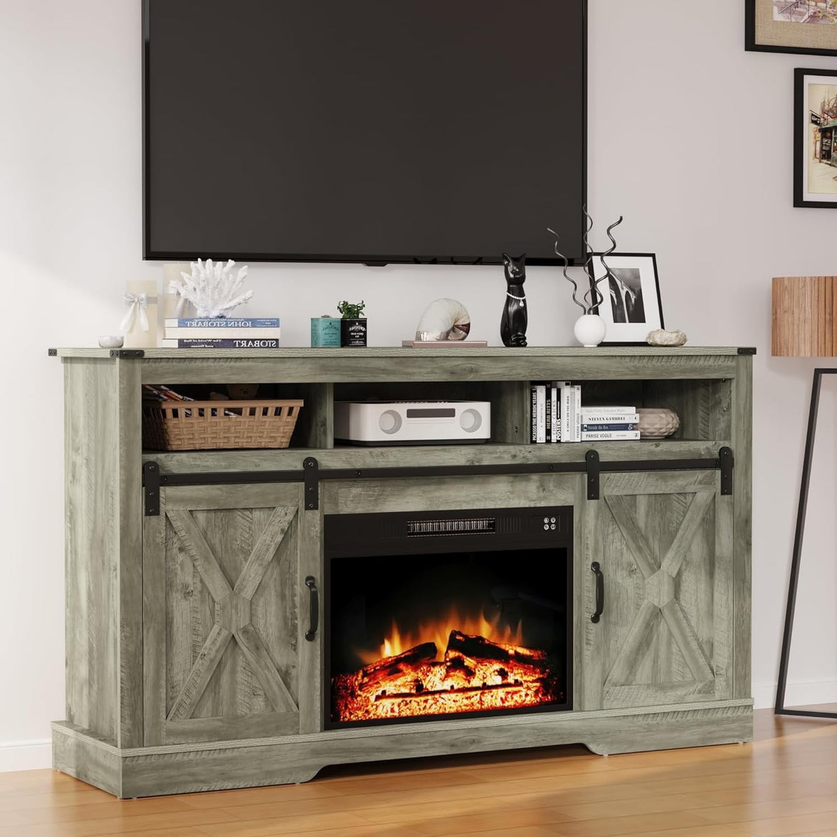 RoyalCraft Fireplace TV Stand for 65+ inch, Farmhouse Entertainment Center with 23" Electric Fireplace with Remote, Modern Rustic TV Console Storage Cabinet with Sliding Bar Door
