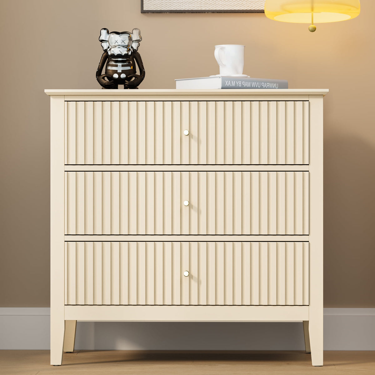 RoyalCraft Large White 3 Drawer Dresser Set of 2 with Fluted Panel, Modern Chest of Drawers with Silent Slide Drawers, Wood Accent Nightstand with Storage for Bedroom Living Room, Nursery, Hallway