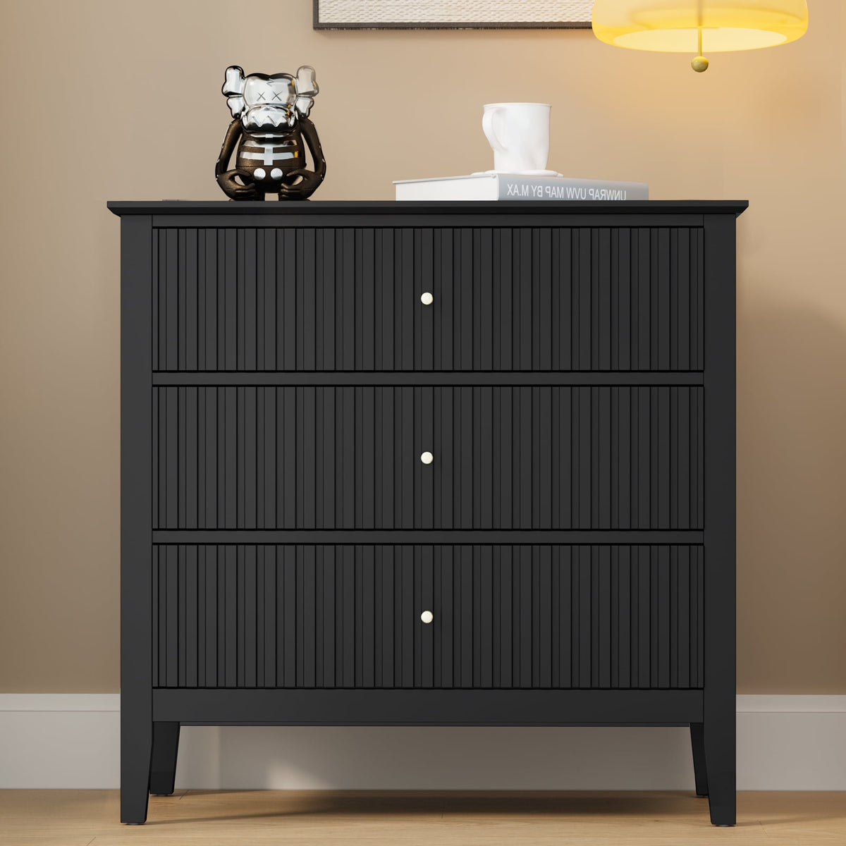 RoyalCraft Fluted 3 Drawer Dresser, Wide Chest of Drawers with Ball Bearing Slide Modern Nightstand Cabinet Wood Dresser with Spacious Storage for Bedroom, Hallway, Living Room, Entryway