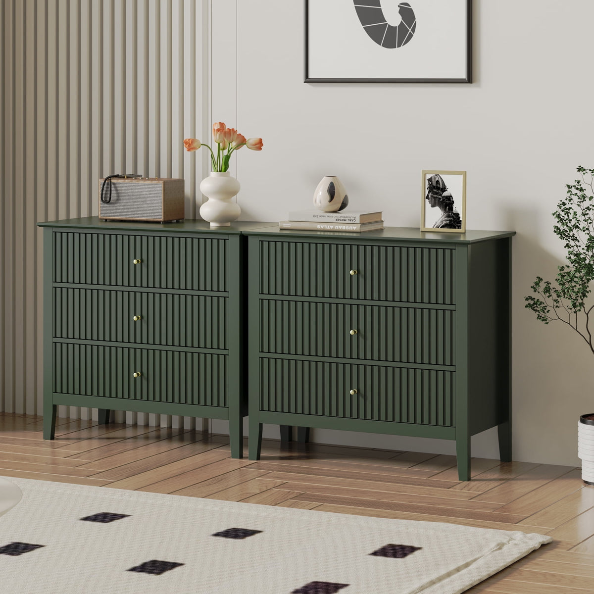 RoyalCraft Large White 3 Drawer Dresser Set of 2 with Fluted Panel, Modern Chest of Drawers with Silent Slide Drawers, Wood Accent Nightstand with Storage for Bedroom Living Room, Nursery, Hallway