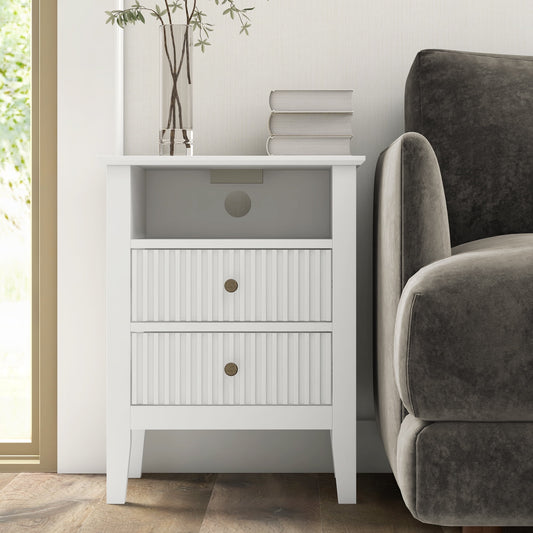 RoyalCraft Fluted Nightstand with Charging Station, White End Table with 2 Silent Slide Drawers & Storage Shelf, Wood Night Stand Cabinet for Living Room, Bedroom