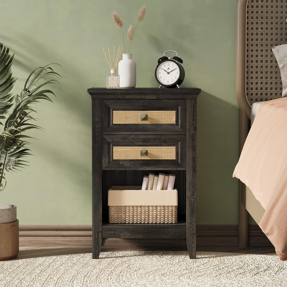 RoyalCraft Nightstand with 2 Drawers, Accent Bedside Table with Rattan Decor Drawers and Large Storage Shelf, Boho Wood End Table Organizer for Bedroom, Living Room, Coffee
