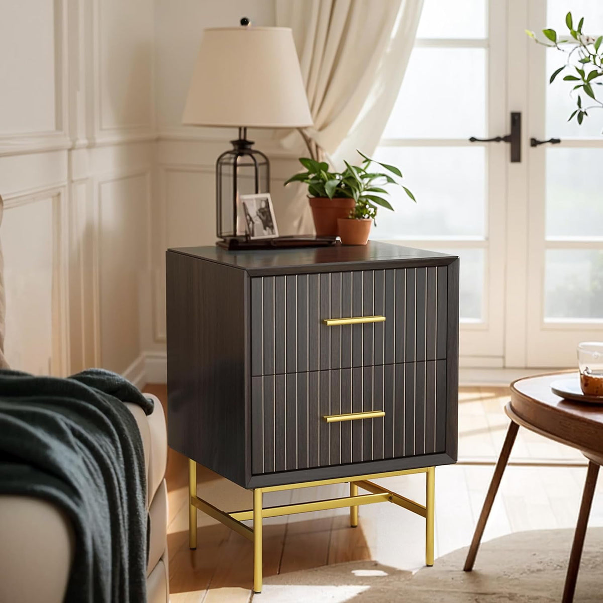 RoyalCraft Nightstand with Drawers, 2-Tier Side Table, Wood End Table with Adjustable Feet and Stable Metal Leg, Modern Night Stand Cabinet for Bedroom, Living Room, Home Office, Charcoal Walnut