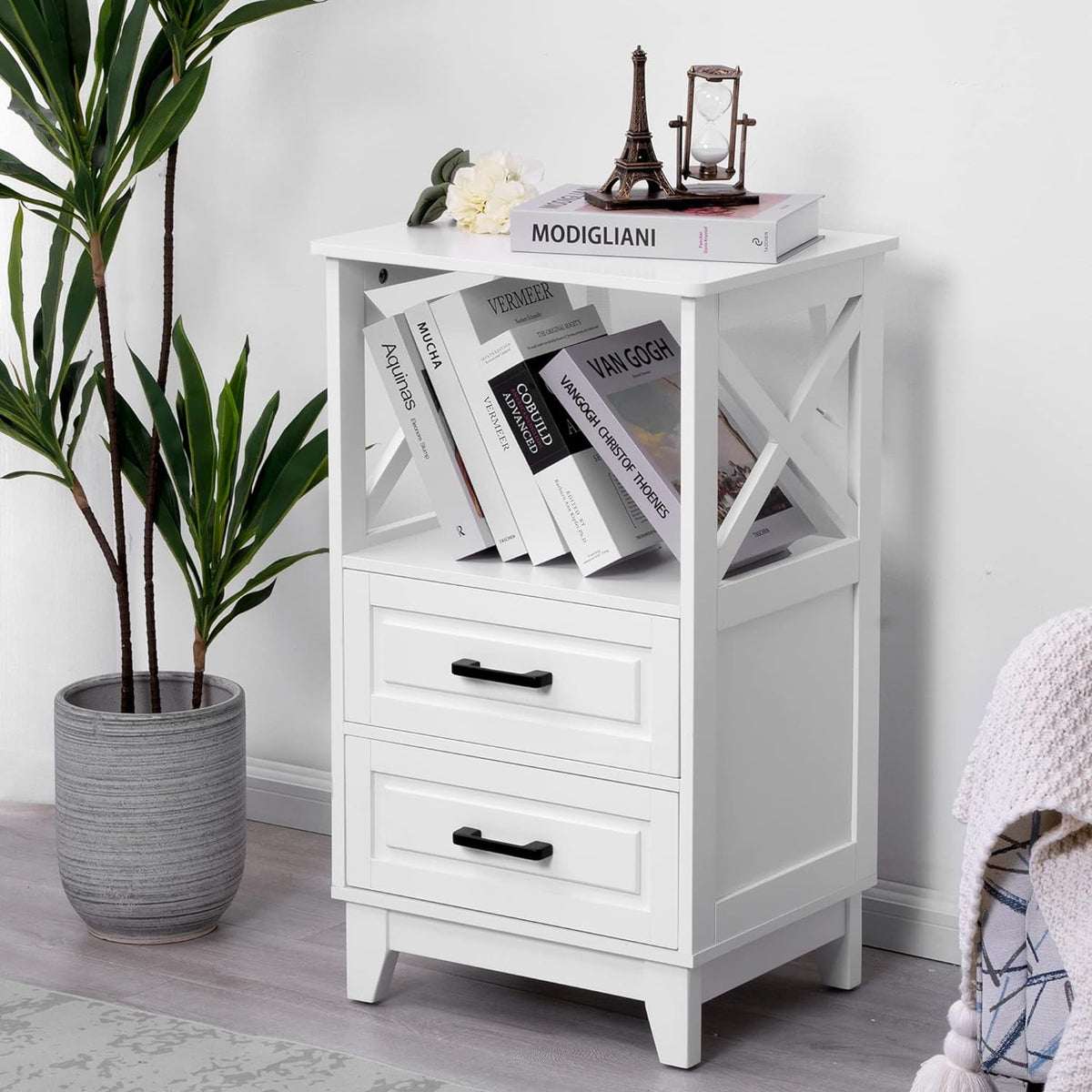 RoyalCraft Nightstand with 2 Storage Drawers, Tall End Table with Wooden x-Design for Bedroom ,  White