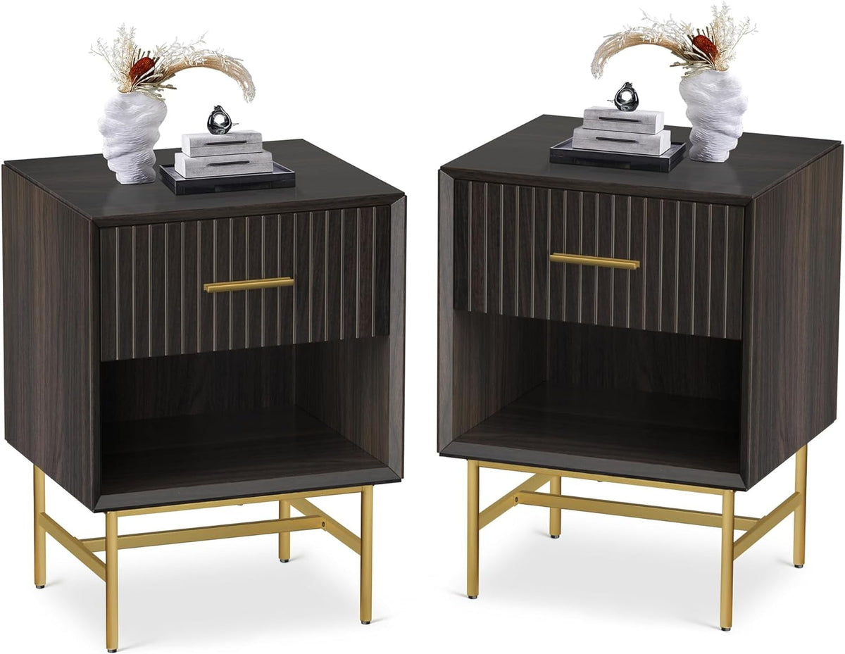 RoyalCraft Nightstands Set of 2, Wood Side Table with Drawer, 2-Tier End Table with Adjustable Feet and Metal Leg, Modern Night Stands Cabinet for Bedroom, Living Room, Home Office, Charcoal Walnut