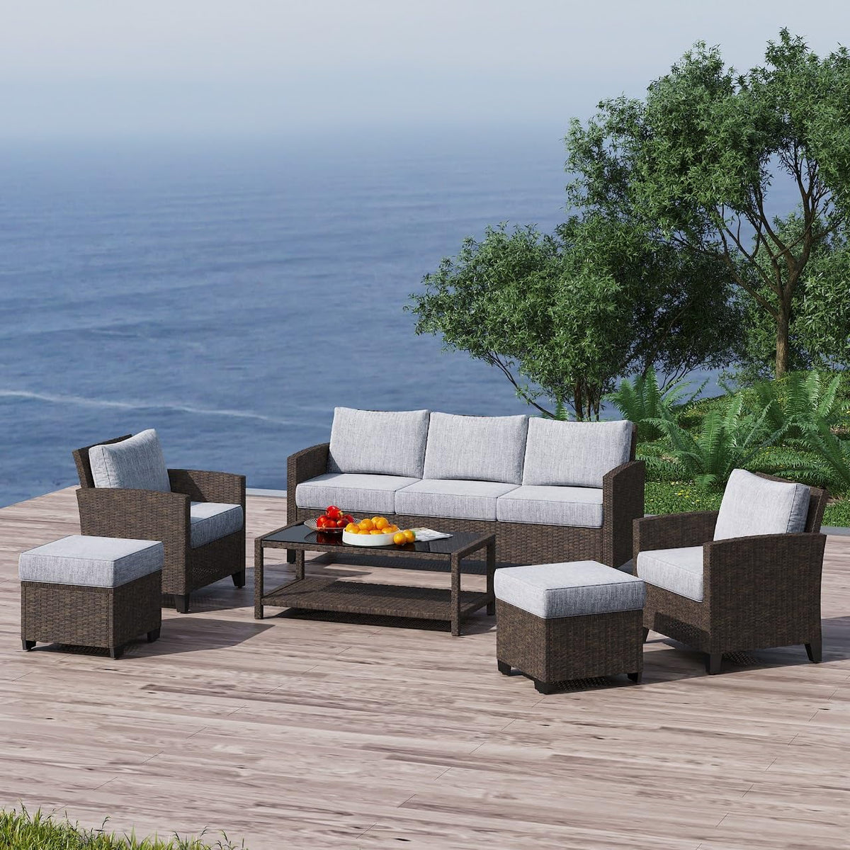 RoyalCraft Outdoor Patio Furniture Set, 4 Piece Outdoor Rattan Sofa Set, All Weather Wicker Conversation Set with Fire Pit Table for Porch Backyard Garden, Khaki