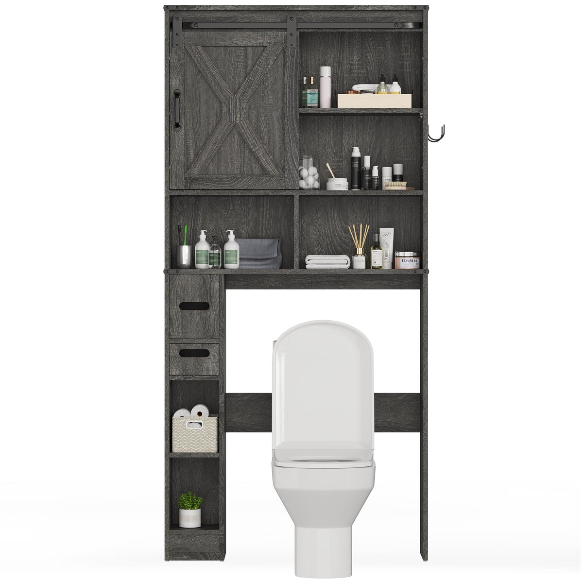 RoyalCraft Over The Toilet Storage Cabinet, Farmhouse Storage Cabinet Over Toilet with Sliding Barn Door, Home Space-Saving Toilet Rack, Behind Toilet Bathroom Organizer for Bathroom, Dark Grey