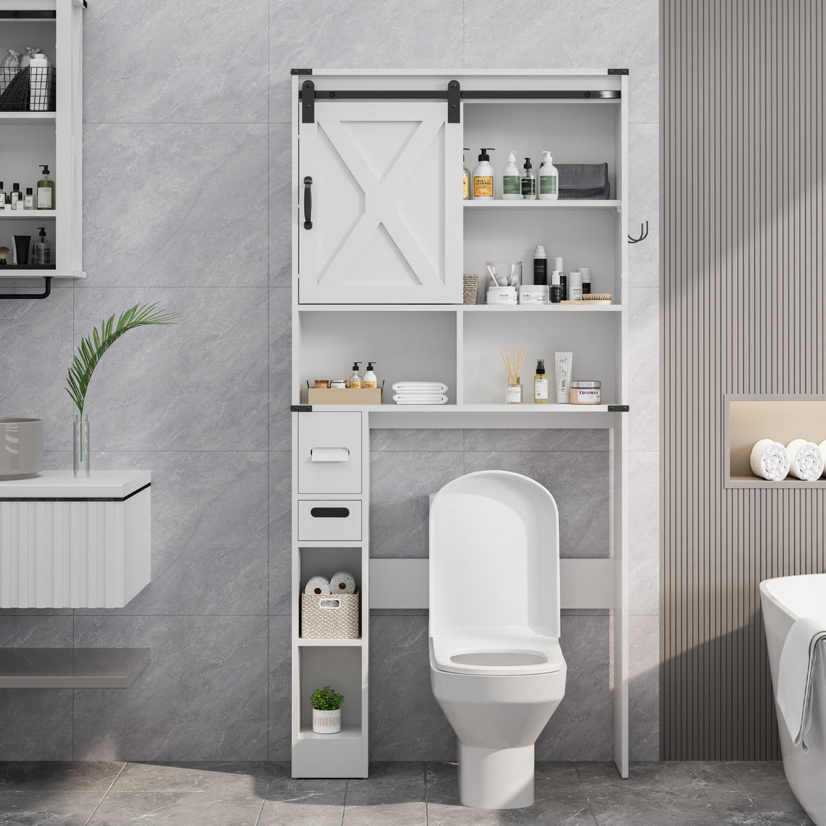 RoyalCraft Over The Toilet Storage Cabinet, Farmhouse Storage Cabinet Over Toilet with Sliding Barn Door, Home Space-Saving Toilet Rack, Behind Toilet Bathroom Organizer for Bathroom, White