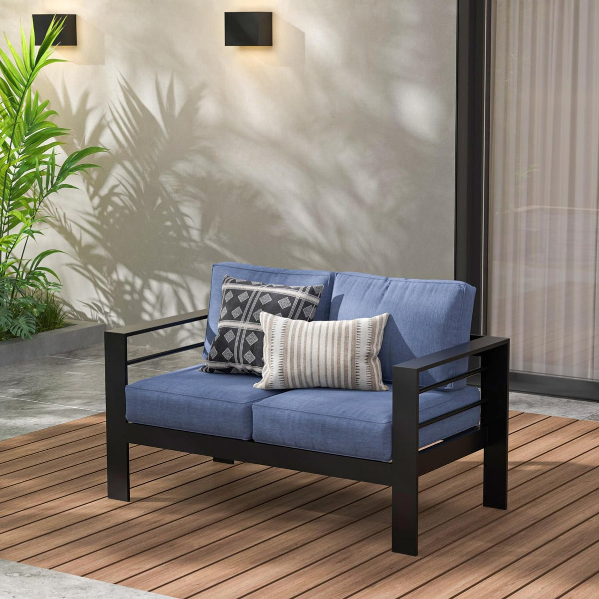 RoyalCraft Patio Furniture Aluminum Loveseat, All-Weather Outdoor 2 Seats Sofa Couch, Black Metal Chair with Blue Cushions