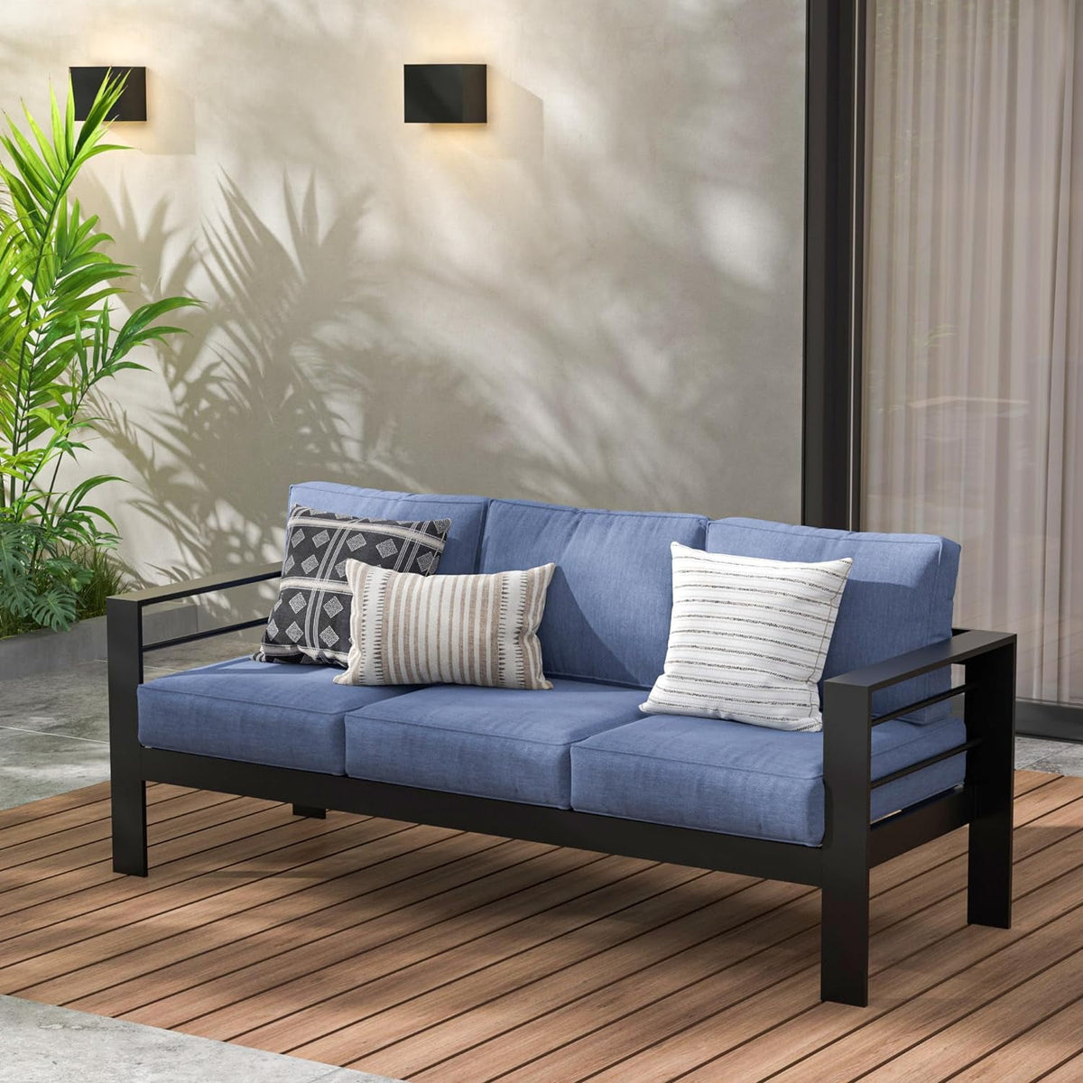RoyalCraft Patio Furniture Aluminum Sofa, All-Weather Outdoor 3 Seats Couch, Black Metal Chair with Blue Cushions
