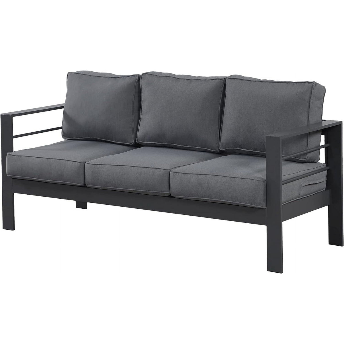 RoyalCraft Patio Furniture Aluminum Sofa, All-Weather Outdoor 3 Seats Couch, Black Metal Chair with Blue Cushions