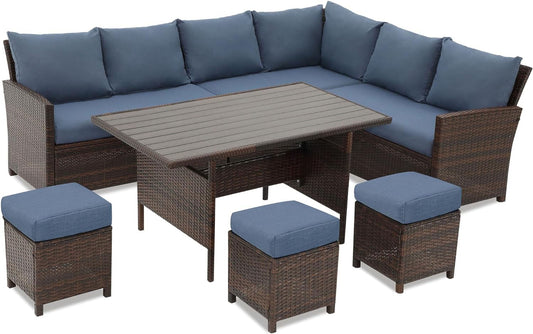 RoyalCraft Patio Furniture Set, 7 Piece High Curved Back Outdoor Dining Sectional Sofa with Dining Table and Chair, All Weather Wicker Conversation Set with Ottoman