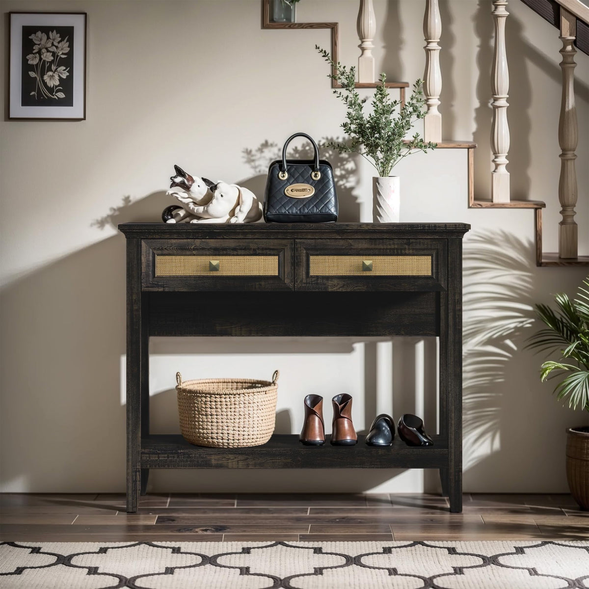RoyalCraft Rattan Console Table, Boho Entryway Table with 2 Drawers and Storage Shelf, Long Wood Sofa Table for Living Room, Entryway, Front Hall, Hallway, Coffee