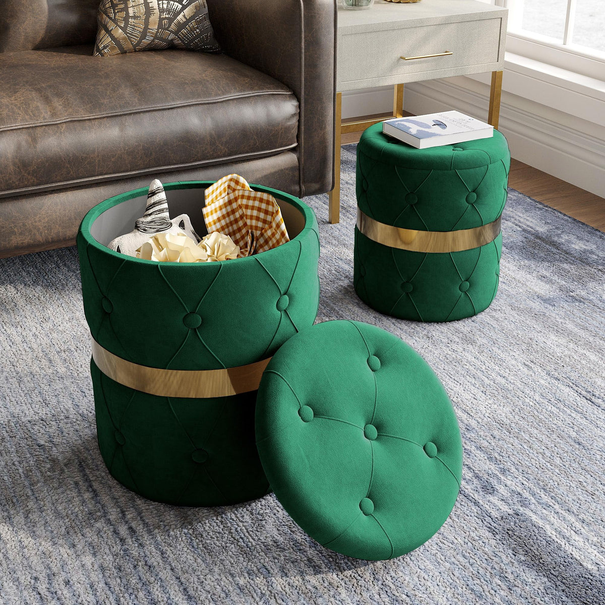 RoyalCraft Storage Ottoman Set of 2, Versatile Footrest Stool with Stainless Steel Base, Modern Round Vanity Stool Chair Foot Stools, Support 200lbs Padded Seat, for Living Room, Bedroom, Green