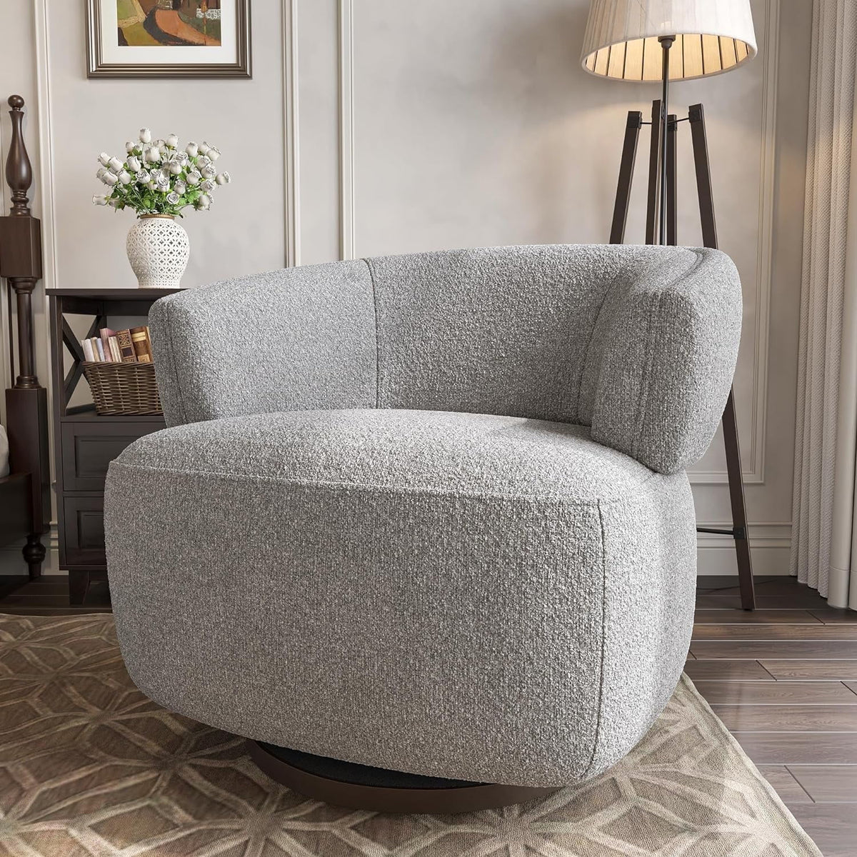 RoyalCraft Swivel Accent Chair, Fully Assembled Round Barrel Chairs, Oversized Upholstered Armchair with 360-Degree Base, Modern Club Chair for Living Room, Bedroom, Office, Grey