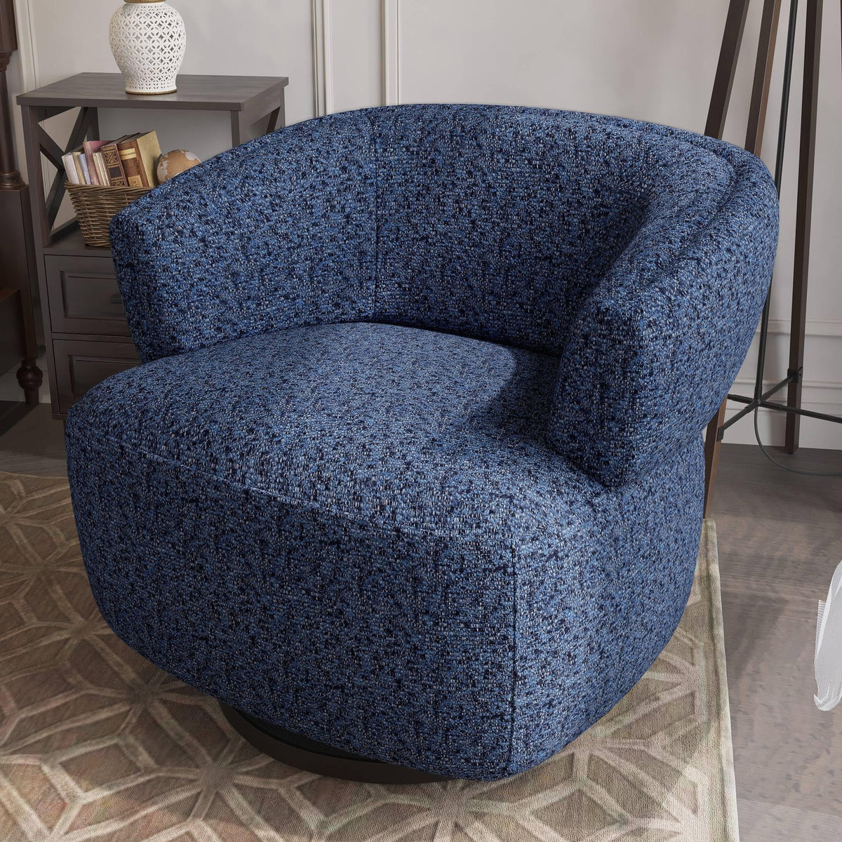 RoyalCraft Swivel Accent Chair, Fully Assembled Round Barrel Chairs, Oversized Upholstered Armchair with 360-Degree Base, Modern Club Chair for Living Room, Bedroom, Office, Blue