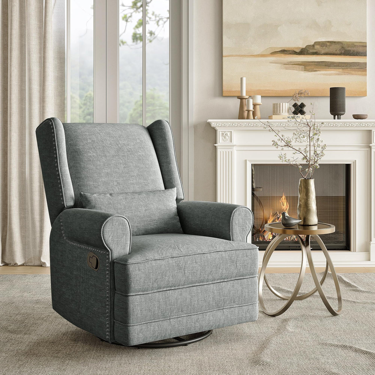 RoyalCraft Swivel Recliner Chair, Comfy Glider Rocking Chairs with Lumbar Pillow and Footrest, Upholstered Swivel Rocking Chair for Bedroom,Nursery, Dark Grey