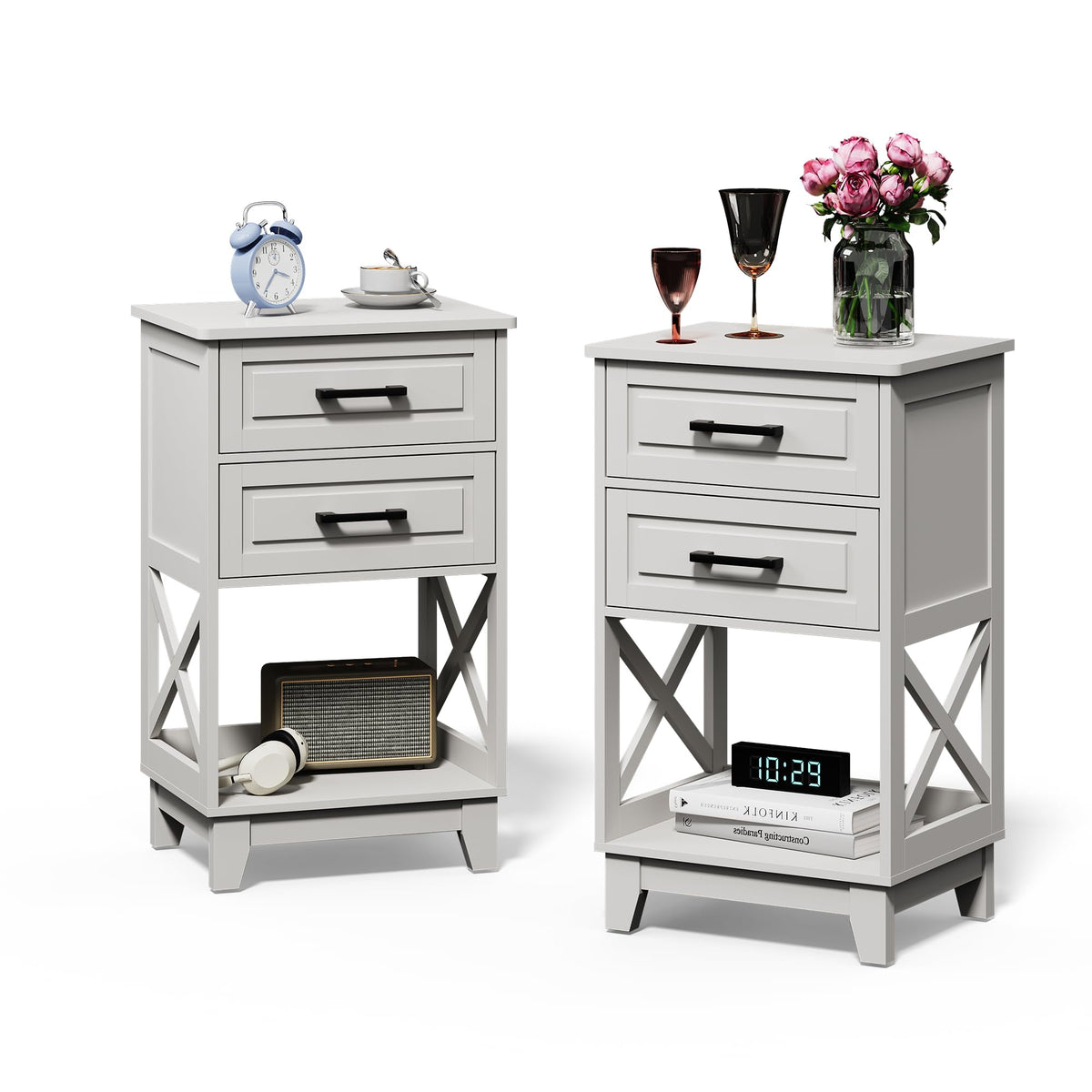 RoyalCraft Tall Nightstand Set of 2, Side Table with 2 Drawers and Open Shelf Below, Bedside Table with Solid Feet, Modern Night Stand End Table for Bedroom, Living Room, Home Office, White