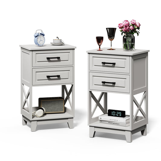 RoyalCraft Tall Nightstand Set of 2, Side Table with 2 Drawers and Open Shelf Below, Bedside Table with Solid Feet, Modern Night Stand End Table for Bedroom, Living Room, Home Office, White