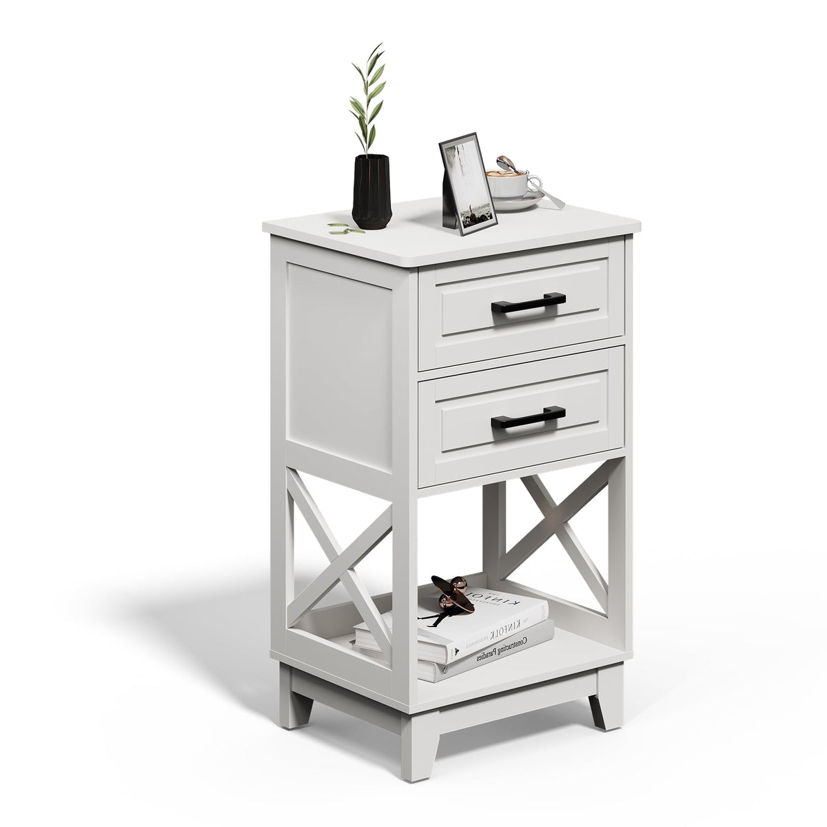 RoyalCraft Tall Nightstand, Side Table with 2 Drawers and Open Shelf Below, Bedside Table with Solid Feet, Modern Night Stand End Table for Bedroom, Living Room, Home Office, White