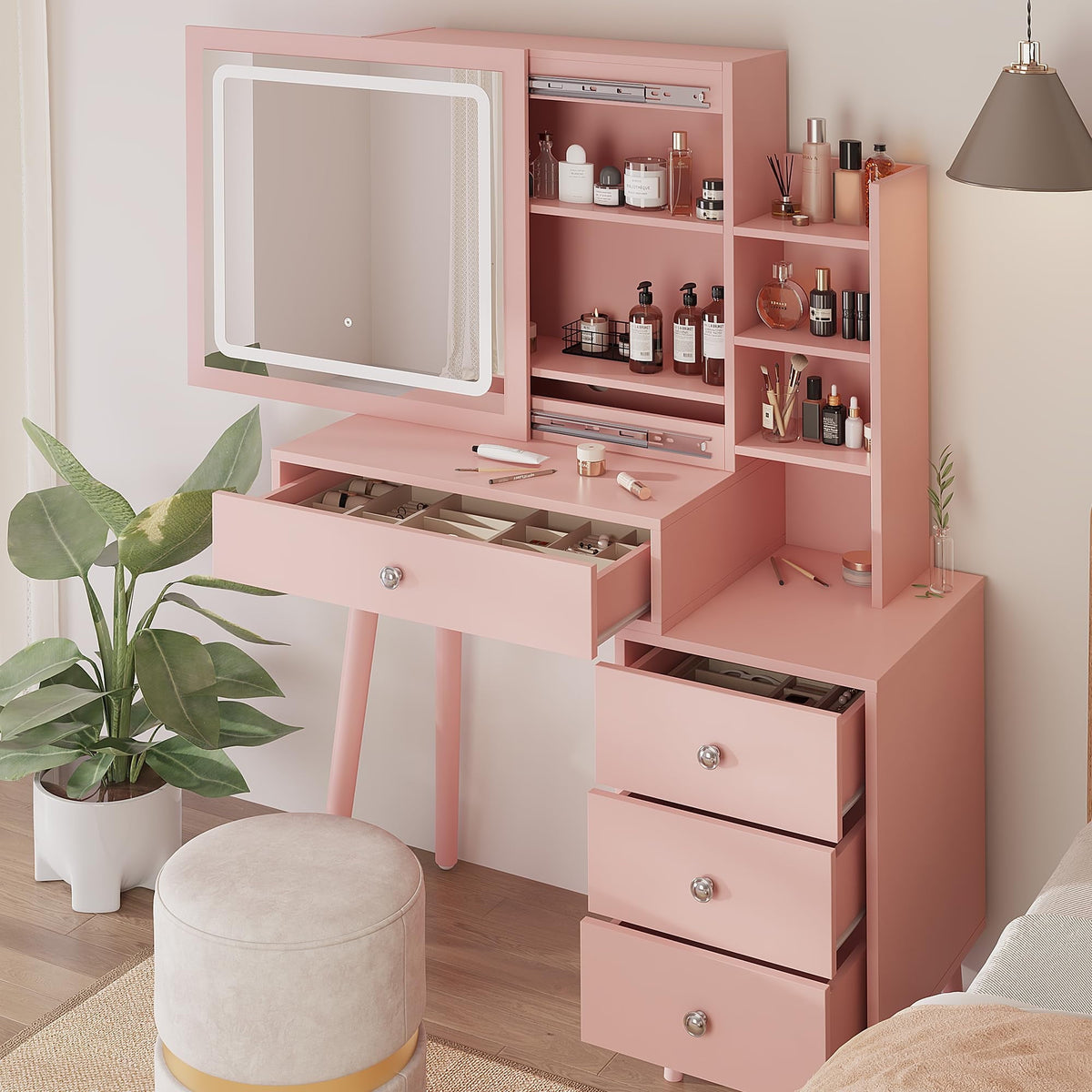 RoyalCraft Vanity Desk with Sliding Mirror and LED Lights, 2 in 1 Wooden Makeup Vanity Desk for Nightstand and Dressing Table, Compact Medium Makeup Table with Sliding Mirror for More Storage Space