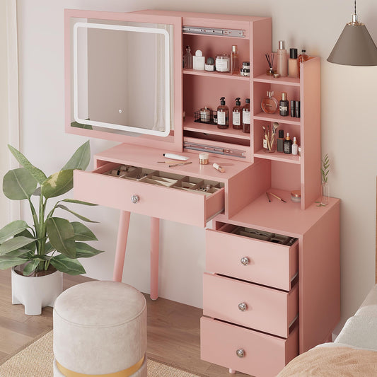 RoyalCraft Vanity Desk with Sliding Mirror and LED Lights, 2 in 1 Wooden Makeup Vanity Desk for Nightstand and Dressing Table, Compact Medium Makeup Table with Sliding Mirror for More Storage Space