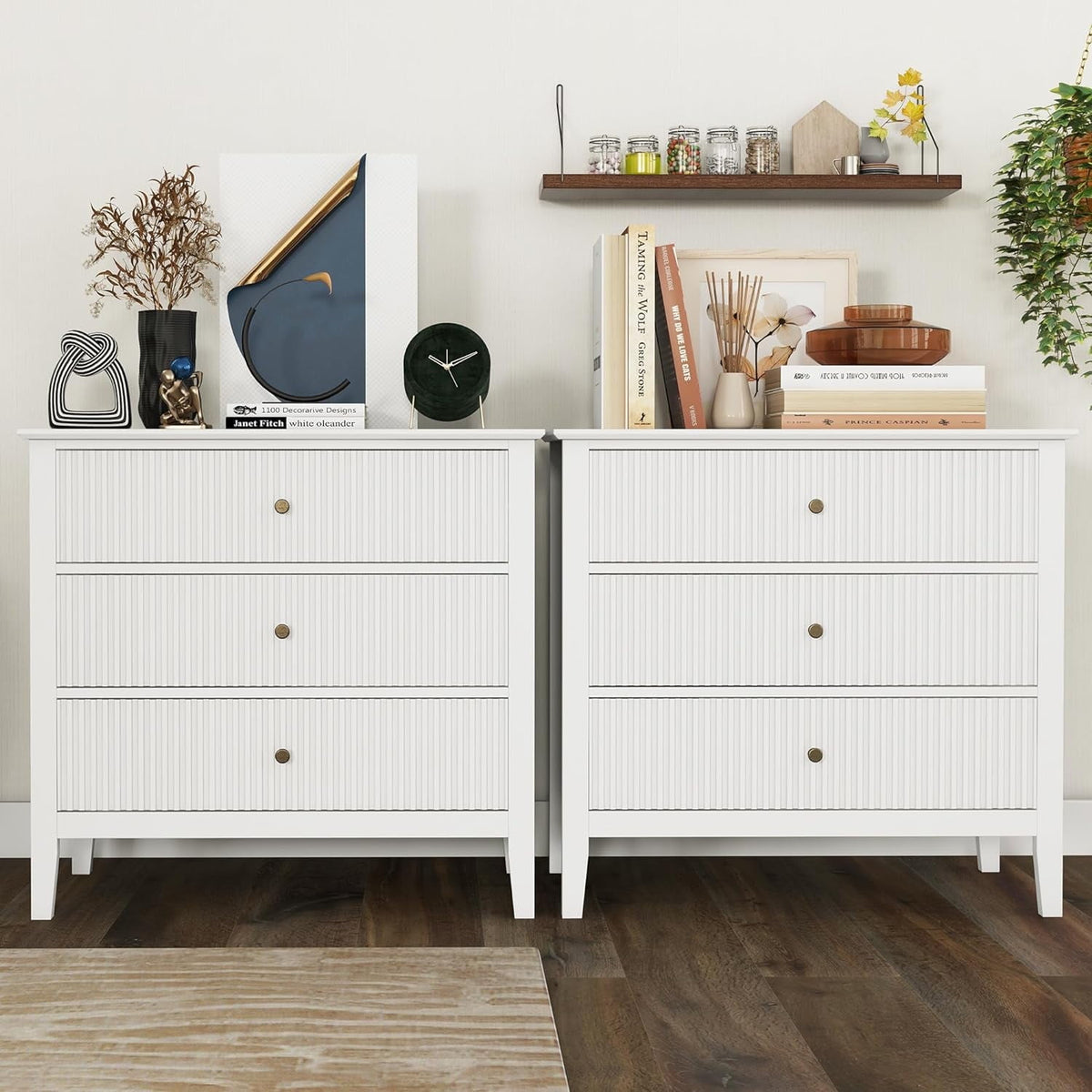RoyalCraft Large White 3 Drawer Dresser Set of 2 with Fluted Panel, Modern Chest of Drawers with Silent Slide Drawers, Wood Accent Nightstand with Storage for Bedroom Living Room, Nursery, Hallway