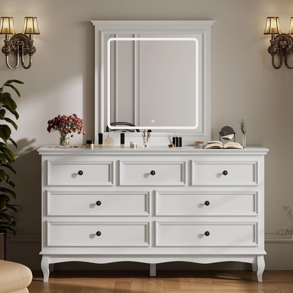 RoyalCraft White 7 Drawer Dresser with Mirror, Large Chest of Drawers for Bedroom, Modern Wood Dresser with LED Mirror for Bedroom, Living Room, White