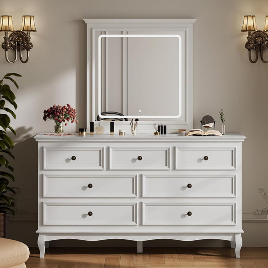 RoyalCraft White 7 Drawer Dresser with Mirror, Large Chest of Drawers for Bedroom, Modern Wood Dresser with LED Mirror for Bedroom, Living Room, White
