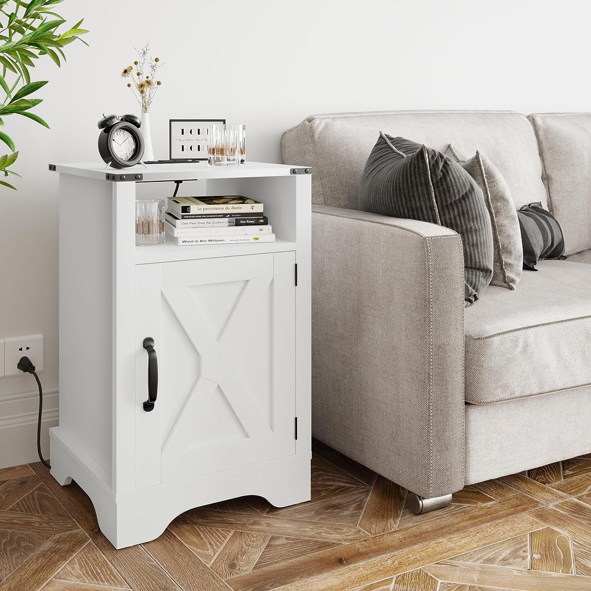 RoyalCraft Nightstand with Charging Station, Farmhouse Bedside Table with X-Shaped Design,Wooden Rustic End Table with Large Storage Cabinet Room and Shelf for Bedroom, Living Room, Solid White