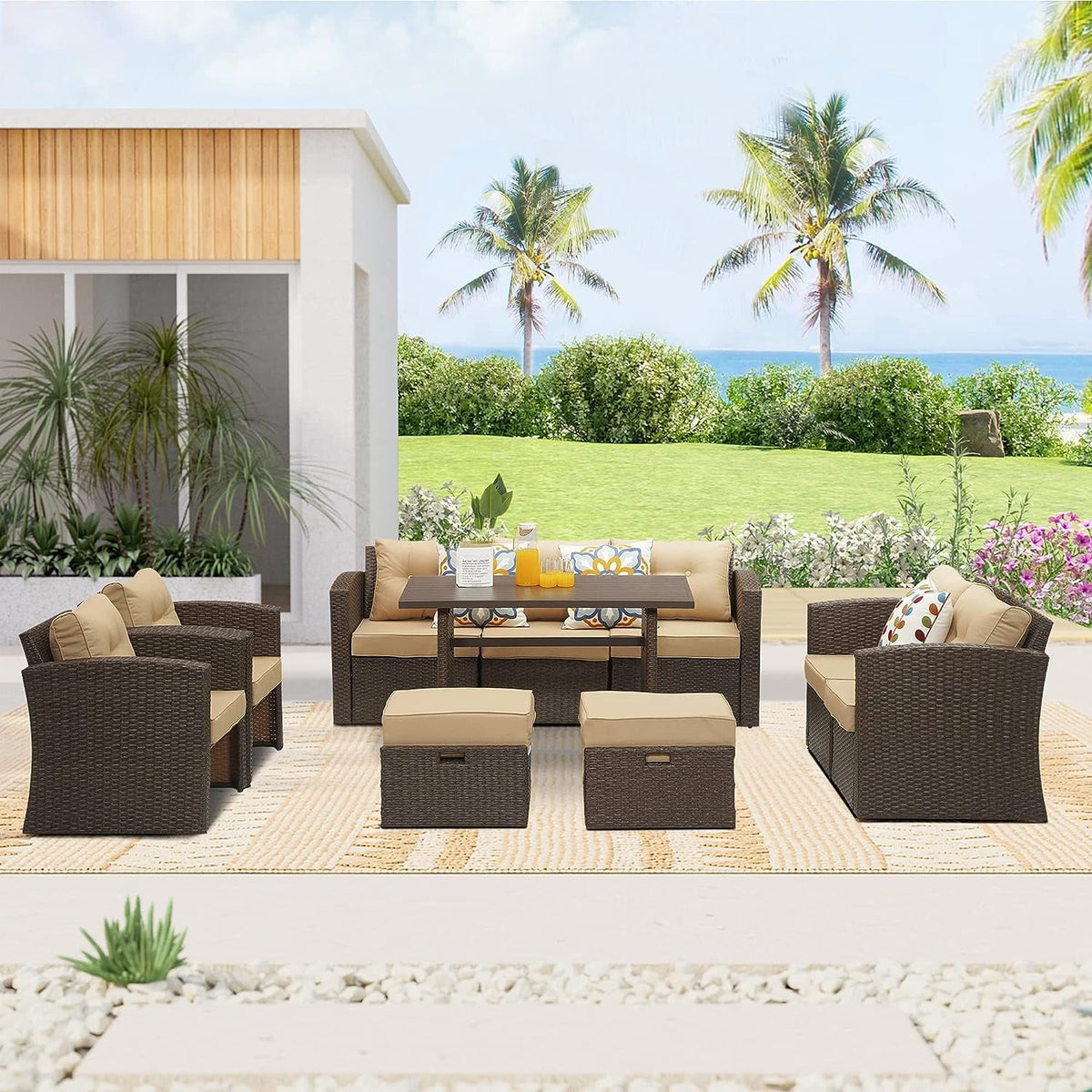 Royalcraft 7-Piece Patio Furniture with Waterproof Outdoor Coffee Table, Lightweight Aluminum Frame, Ergonomic Design, All-Weather Wicker Rattan, Non-Slip Cushions, Brown Wicker and Beige Cushion