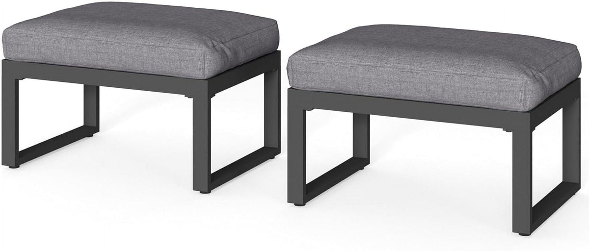 Royalcraft 2 Pieces Aluminum Outdoor Patio Ottoman Set, Outdoor Foot Stools with Thick Cushion, Small Seat Furniture for Porch Balcony Backyard, Grey