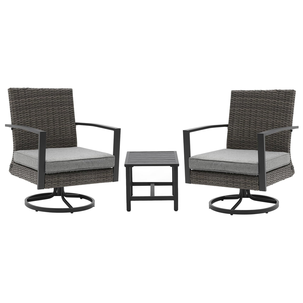 Royalcraft 3 Pieces Patio Bistro Set with Swivel Chair and Small Side Table, All Weather Rattan Chairs with Water-Resistant Cushions & Metal Frame, Outdoor Rocking Chairs, Grey